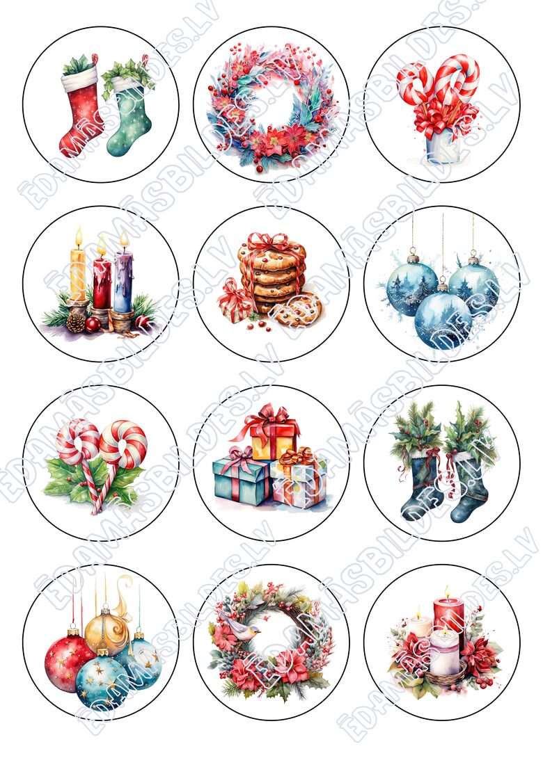 Cukura papīrs ar apdruku "Ziemassvētki Nr 2", aplīši 6 cm